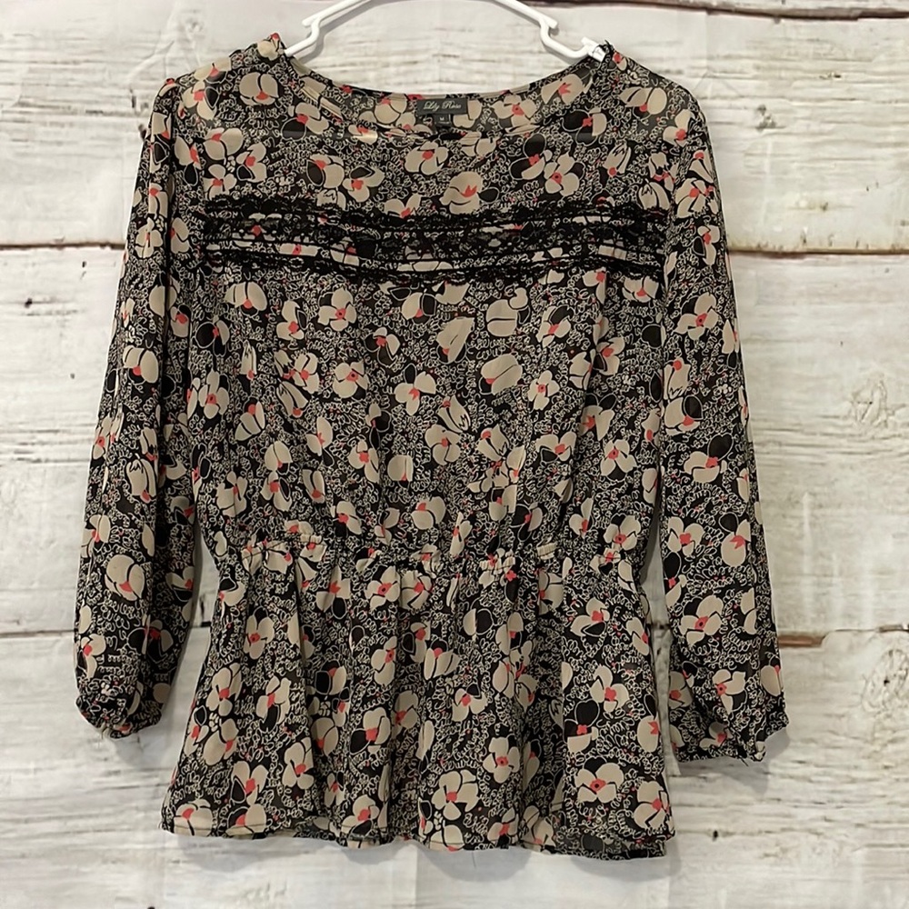 Lily Rose Black Floral Sheer Blouse Size Medium